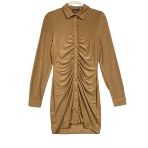 Aster Brown Cinched Button Front Bodycon Long Sleeve Dress Sz M